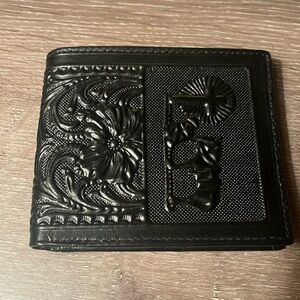 New Mens Women's Black Genuine Leather Wallet Floral Tooled Cowboy Cross